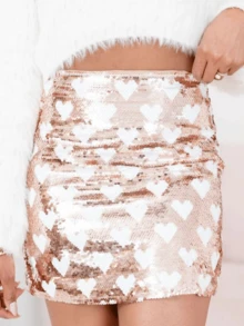 Sparkly Pink Sequin Heart Mini Skirt - Valentine's Day Glittery Party Clubwear For Women - 金色 - 查看 7