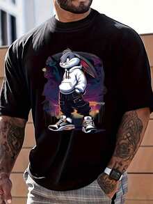 Men's Fashion Domineering Rabbit Print Round Neck Short Sleeve Daily Casual Popular T-Shirt - 黑色 - 查看 1