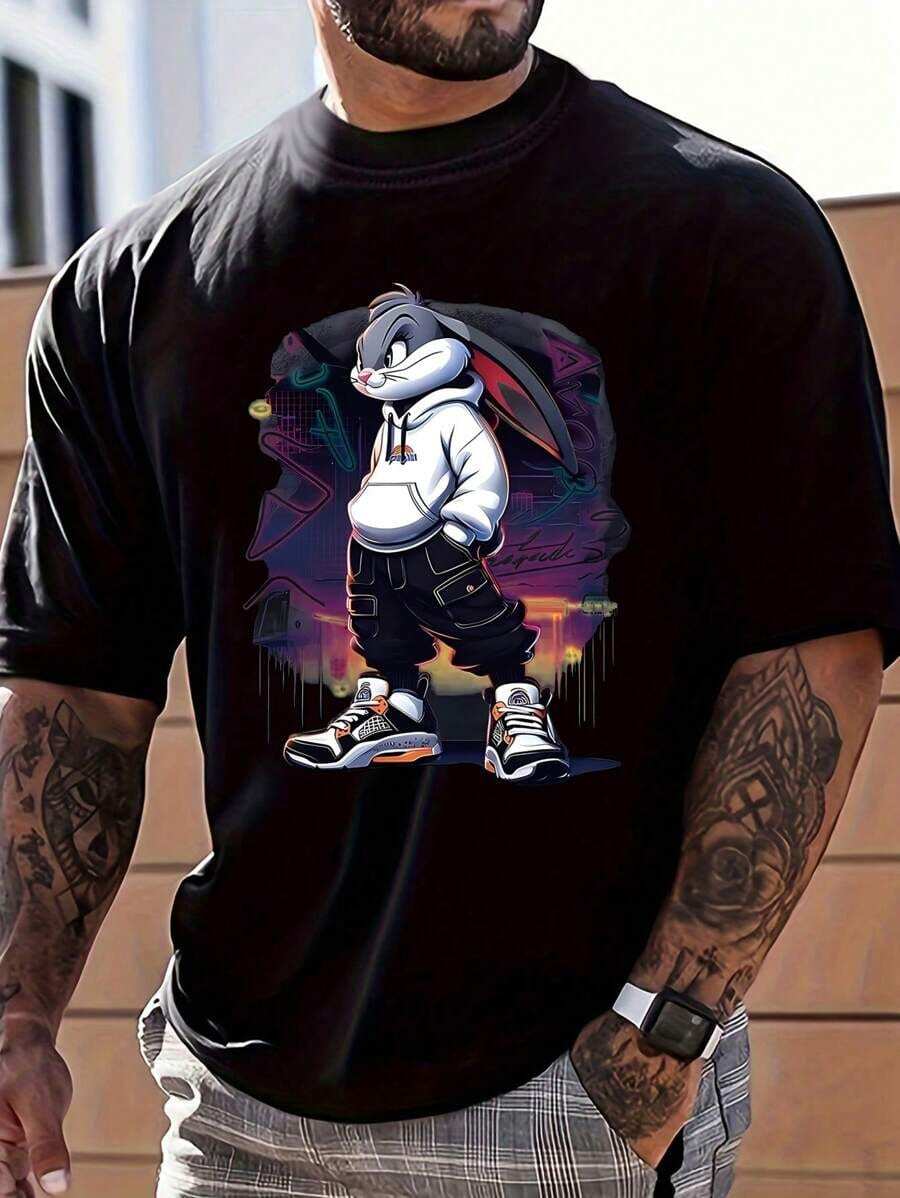 Men's Fashion Domineering Rabbit Print Round Neck Short Sleeve Daily Casual Popular T-Shirt - 黑色 - 查看 1