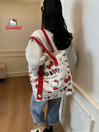 Sanrio Hello Kitty Tote Shoulder Bag - Cute Design, Pink & Red Animal Pattern, Polyester Lining, Fashionable Shoulder Bag Suitable For Work, Travel, Daily Use, Shopping, Gift. Interesting Design, Sturdy Handle.