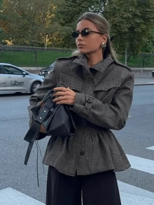 女士春季新款格子口袋荷叶边下摆收腰时尚外套 - 灰色 - 查看 6