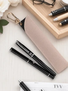 1pc Minimalist Leather Pen Holder Case, Korean/Japanese Style Portable Pen Pouch, Suitable For Business Office Fountain Pen & Ballpoint Pen Storage, Student Stationery Organizer, Bag Charm Keychain, Multi-Functional Pen Clip - Leather Pen Cap - View 2