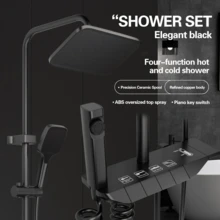 1 Set Of Black Modern Wall-Mounted Shower System, Featuring A Square Rain Showerhead And Multi-Function Handheld Showerhead, Four-Setting Spray Adjustment Mixer Valve, Piano-Key Style Switch Control, Elegant Black Design. - Black - View 2