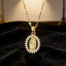 1 Peça Colar Pingente de Nossa Senhora Decorado com Zircônia de Cobre Estilo Vintage Hip-Hop, Corrente de Aço Inoxidável, Banhado a Ouro 18K, Adequado para Meninas Usarem em Festas, Banquetes, Festivais e Ocasiões Diárias, Joia Requintada, Acessórios Dourados, Ótimo Presente para Volta às Aulas, Ano Novo, Dia dos Namorados, Dia das Mães - Dourado - Visão 2