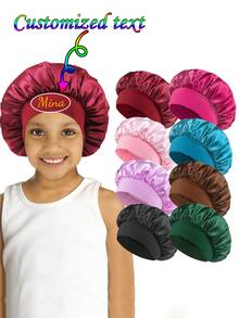 Customized Text Children's Satin Sleep Cap, Solid Color Wide Brim Elastic Mock Silk Round Hat, Hair Care Cap, Baby Cute Candy Color Versatile Children Headscarf Hat. - Multicolor - View 1