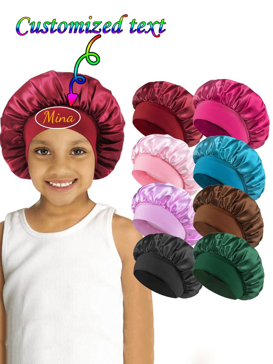 Customized Text Children's Satin Sleep Cap, Solid Color Wide Brim Elastic Mock Silk Round Hat, Hair Care Cap, Baby Cute Candy Color Versatile Children Headscarf Hat. - Multicolor - View 1