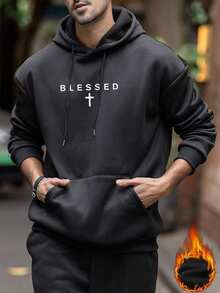 Men's Casual Minimalist Letter Graphic Thermal Lined Hoodie Sweatshirt, Autumn/Winter, Long Sleeve Top - 黑色 - 查看 2