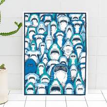 Framed 1pc Modern Print Style Shark Swarm Canvas Wall Art - Edgy Art Themed Print, Stylish Home Decor, Ready-To-Hang For Studio & Living Room - Framed - 查看 2