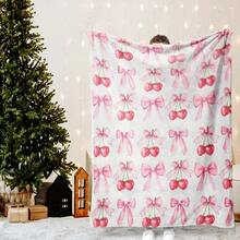 Cherry Pink Bow Throw Blanket, Style Minky, Soft & Comfortable Multipurpose Knitted Polyester Bedding, Contemporary Y2K Aesthetic Decorative Gift For Her, All Seasons Use, Allseason Blanket|   Playful Design|   Flannel Fabric - 280 GSM - 彩色 - 查看 4