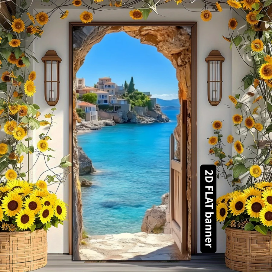 89,92x179,83cm Biểu ngữ hình chữ nhật phong cảnh cổng vòm bãi biển - Rèm cửa đa năng bằng polyester, thích hợp trang trí nhà cửa, kỳ nghỉ, sinh nhật và đám cưới, trang trí phòng theo chủ đề bãi biển.