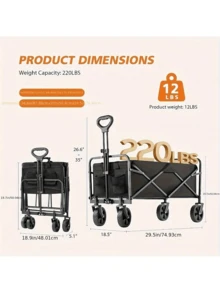 1pc Collapsible Foldable Wagon Cart, 220LBS Heavy Duty Utility Garden Cart With All-Terrain Wheels For Beach, Lawn, Sports, Camping, Black, 30" - 黑色 - 查看 6