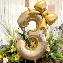 2个/套，40英寸白色金色数字气球，21英寸金色蝴蝶结铝箔气球，适用于婚礼、生日、周年纪念、情人节装饰