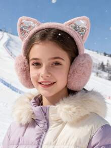 Cute Cat Ear Earmuffs, Suitable For Teenage Girls - Foldable Winter Warm Earmuffs, Shiny Sequin Design, Solid Color, Polyester Material, Fit For Ages 15 And Up - Multicolor - View 2