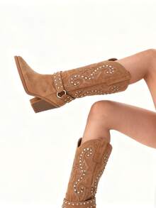 Women's Western Knee High Boots With Rhinestone Embroidery, Chunky Block Heel Cowboy Boots, Pointed Toe Faux Suede Fashion Outdoor Boots For Fall Winter Outfits - 駝色 - 查看 6