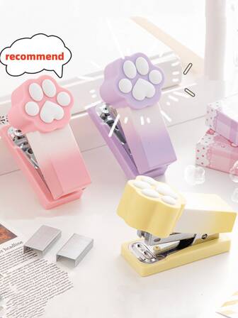 1pc Mini Gradient Cat Paw Stapler, 3-In-1 Multifunctional All-In-One Machine, Can Make Office/Study Portable Binding Of Documents, Exams, Student Cards, Cartoon Stationery Stapler, Must-Have For Back To School Season