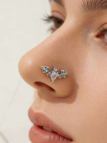 1pc Gothic Style Stainless Steel Red Rhinestone Bat Nose Stud, Unisex Dark Style Party Piercing Accessory
