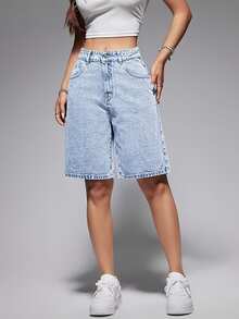 Quần short denim co giãn cạp cao màu xanh nhạt dành cho nữ và thiếu nữ - Thoáng khí, không xuyên thấu, dáng suông dài đến giữa bắp chân, thiết kế 5 túi cổ điển và chất liệu denim bạc màu - Có thể giặt máy. - Rửa nhẹ - Xem 4