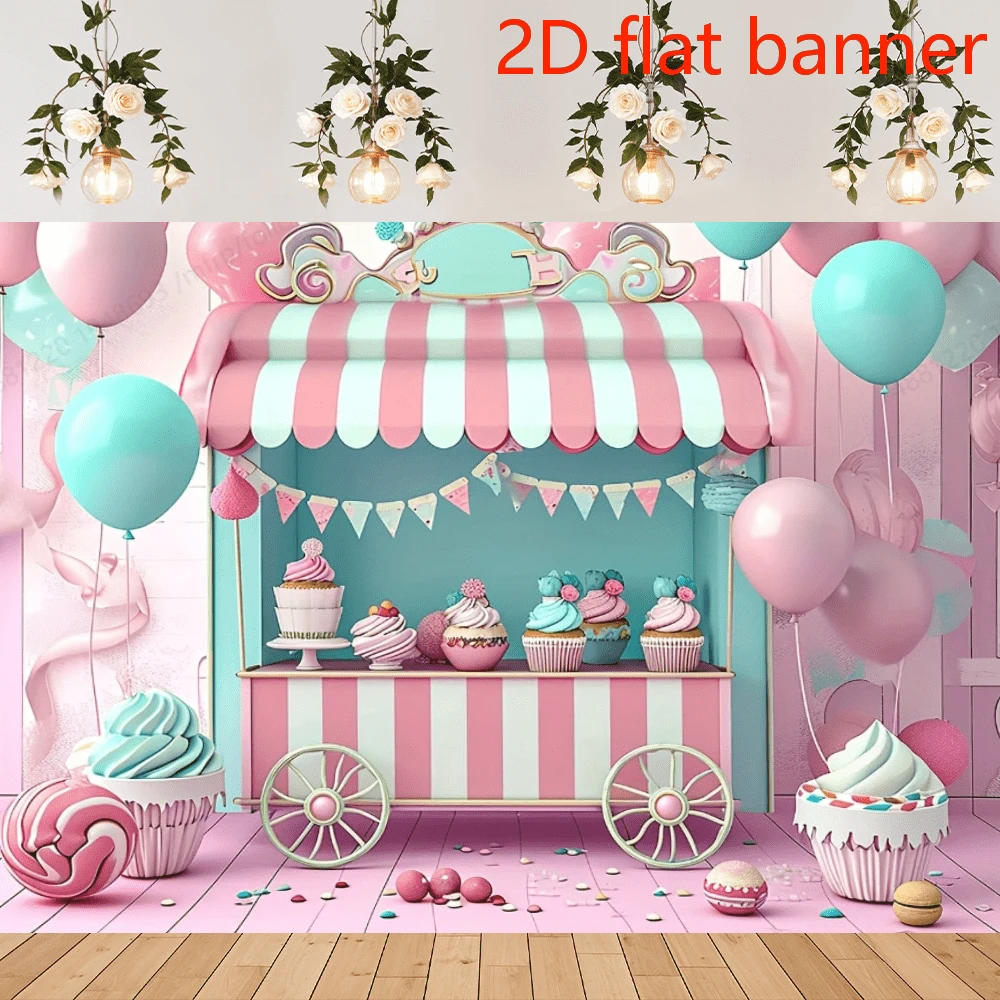Phông nền trang trí 2D phẳng cho tiệc sinh nhật tại cửa hàng kẹo - Nền hồng, kẹo mút ngon, cờ kem, bóng bay, phông nền chụp ảnh ngày Quốc khánh, đồ dùng tráng miệng trên bàn, biểu ngữ trang trí, phông nền studio chụp ảnh, vật dụng trang trí, đồ dùng tiệc tùng, đồ dùng sinh nhật, đồ trang trí.
