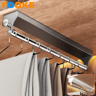 FOOKE 1pc Milk White Pull-Out Sliding Clothes,Hanger Convenient And Quick, Multi-Purpose Wardrobe Storage With Painted Metal Hanger,Heavy Duty Adjustable Closet Rod,Space-Saving Space Aluminum Clothes Hanger Rail For Bedroom Closets, Apartments, Dormitories