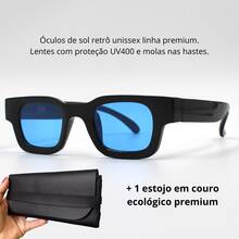 Premium Men's And Women's Square Retro Modern Sunglasses With Comfortable Spring-Loaded Temples And Cosmetic Lenses With UV400 Protection. - 黑藍色鏡片 - 查看 5