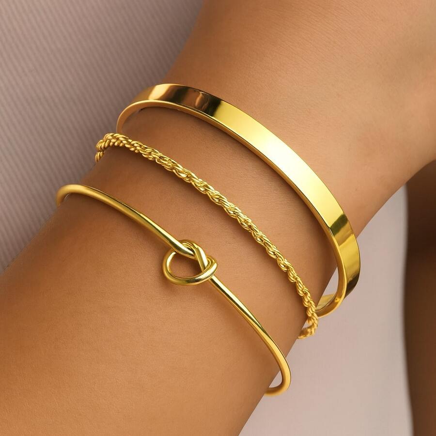 Set Of 3 Exquisite Women's Bracelets: Heart Knot Bracelet + Sparkly Bracelet + Twisted Rope Bracelet - Gold - View 1