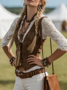 Women's Elegant V-Neck Long Sleeve Lace Trim Faux Denim Collar Cover Up - Bohemian Western Cowgirl Style, Stretchy & Versatile, Suitable For Casual, Denim Outfits, All Seasons, Women's Western Wear, Women's Shirts & Blouses - Brown - View 8