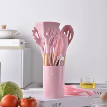 14Pcs Set Silicone Kitchen Utensils Set Non-Stick Cooking Spoon And Baking Tools,Color Optional - Pink - View 2