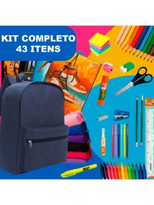 KIT MATERIAL ESCOLAR COMPLETO MOCHILA MENINO ENSINO FUNDAMENTAL MÉDIO FACULDADE ESCOLA ESTOJO CADERNO MASCULINO AZUL papelaria - Multicolorido - Visão 1