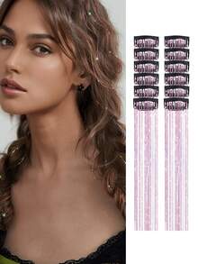 12片/套 女士激光闪光丝带直发接发片，7种颜色亮泽发夹套装