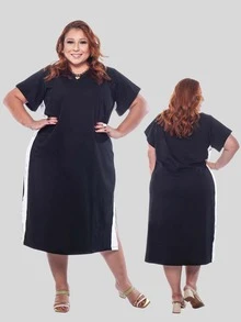 Women's Plus Size Cotton Dress With Side Stripe, Casual, Loose Fit, Comfortable, Sizes 50 To 56 - 黑與白 - 查看 5