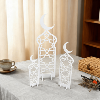 OUTANA 1 st/3 st 2D akryl heminredning halvmåneformade skrivbordsdekorationer Ramadan, vattentäta och fukttåliga, lätta att rengöra, återanvändbara. Lämpliga för att dekorera matsalar, vardagsrum, kök, sovrum, badrum och kontor. Minimalistiska gör-det-själv-festliga bordsdekorationer för att förhöja julfesterna.