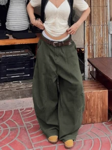 女士休闲复古美式街头风工装裤，喇叭阔腿宽松九分裤长，修身纯色口袋拉链纽扣闭合牛仔裤，适合日常穿着 - 軍綠色 - 查看 3