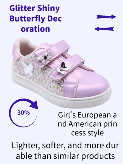 2025 Fashion High-Quality Brand New Spring-Autumn Children's Gritty Sparkling Butterfly Decorated Girls' Formal Party Attire Board Shoes With Soft Inner Linings, Comfortable And Breathable, Avoiding Foot Problems. Ring Hook Design For Easy On And Off.