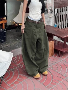 女士休闲复古美式街头风工装裤，喇叭阔腿宽松九分裤长，修身纯色口袋拉链纽扣闭合牛仔裤，适合日常穿着 - 軍綠色 - 查看 2