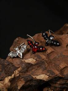 1pc Gothic Style Stainless Steel Red Rhinestone Bat Nose Stud, Unisex Dark Style Party Piercing Accessory