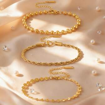 VceTd 3pcs Minimalist Stainless Steel Women Bracelets With Twisted Chain, Geometric Patterned, And Beaded Designs, Suitable For Daily Commute, Outings, Parties, And As Gifts For Loved Ones