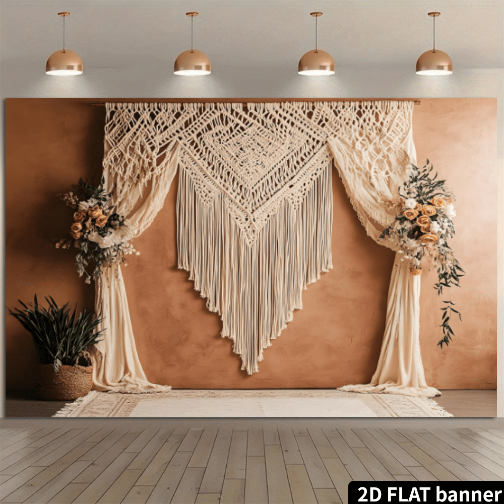 2D Flat [1pc Macrame Boho Chic Backdrop Banner] 1pc [2D Flat Backdrop Banner] Charming Macrame Boho Style Wedding Backdrop Banner Photo Wall, Suitable For Live Streaming Background, Party Decor, Birthday Celebration, Room & Garden Decoration