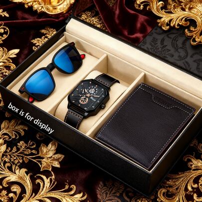 男士三件套奢华套装：黑色真皮钱包 + 蓝色镜框眼镜 + 腕表，通勤装/时尚节日礼物
