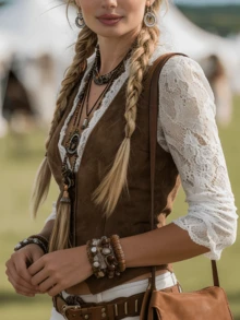 Women's Elegant V-Neck Long Sleeve Lace Trim Faux Denim Collar Cover Up - Bohemian Western Cowgirl Style, Stretchy & Versatile, Suitable For Casual, Denim Outfits, All Seasons, Women's Western Wear, Women's Shirts & Blouses - Brown - View 11