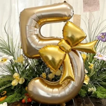 2个/套，40英寸白色金色数字气球，21英寸金色蝴蝶结铝箔气球，适用于婚礼、生日、周年纪念、情人节装饰