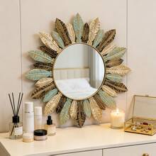 40厘米优雅金属叶片壁挂艺术镜 - 波西米亚风格镜子，饰以蓝色、绿色和金色羽毛点缀的旭日图案，不含照明，适用于客厅、厨房、卧室和办公室装饰 - 彩色 - 查看 9
