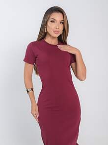 Vestido Midi Feminino Manga Curta Fenda Lateral Elegante  Casual    Algodão - Marsala - Visão 6