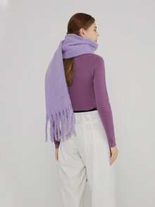 1pc Women's Winter Scarf, Black Faux Cashmere Poncho, Thick & Warm, Women's Fashion Solid Color Tassel Fleece Scarf, Outdoor Women Shawl, Dress Accessory - Purple - View 2