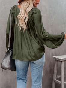 Áo dài tay cổ chữ V màu trơn dành cho nữ cỡ lớn, kiểu dáng thường ngày, có dây rút, thích hợp cho mùa xuân. - Màu xanh lá cây đậm - Xem 3