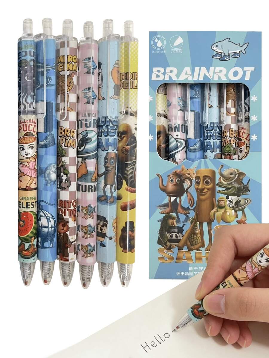 6支/盒 意大利 Brainrot 可擦凝胶笔，0.55mm 黑色墨水，速干圆珠笔，Bombardiro Crocodilo Lirili Larila Glorbo Frutto Drillo，学生学校办公用品套装 - 彩色 - 查看 1