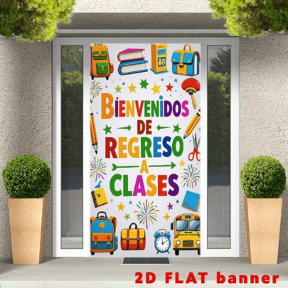 2D Flat Banner1 Piece Of Polyester Material, Back-To-School Door Frame Banner, Colorful Wind School Bag Pencil Stars Fireworks White Background Design, Suitable For Front Door, Indoor And Outdoor Decoration Items, Shooting Scenes, Back-To-School Decoration, Back-To-School Party Decoration Items, No Power Supply Required.