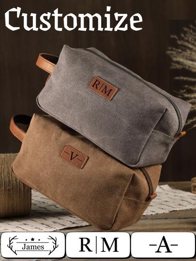 1pc Customized Men's Canvas Toiletry Bag, Large Capacity Handheld Travel Organizer, Men's PU Leather Cosmetic Bag, Can Be Engraved With Name/Letter, Men's Leather Accessories, Suitable For Business Trip, Commute, Gym, Groomsmen, Father's Day, Birthday, Anniversary, Valentine's Day, Gift For Husband, Dad, Son, Boyfriend, Bachelor, Christmas