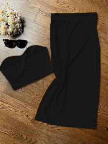 UREREM Summer Sexy Fitted Cold-Shoulder Strapless Top Paired With Bodycon Skirt Set, 180G Knit Fabric Black Elegant - Black - View 2