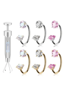 Khuyên mũi hình móng ngựa 8mm, cỡ 20G (0.8mm)/18G (1.0mm), ren trong, đính đá quý, kèm chốt giữ khuyên mũi hình cầu. - 3 chiếc nhẫn + dụng cụ - Xem 3