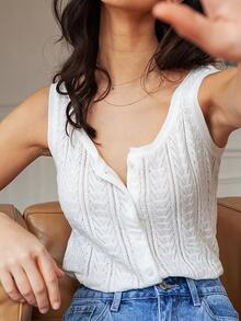 Women's Elegant Casual Knit Camisole Vest, Minimalist French Style Top, Solid Color Minimalist Scoop Neck Hollow Single-Breasted Knit Camisole, Fashionable Minimalist Commuter, Generous Elegant Slimming Versatile, Women's Street Wear White Summer - White - View 5